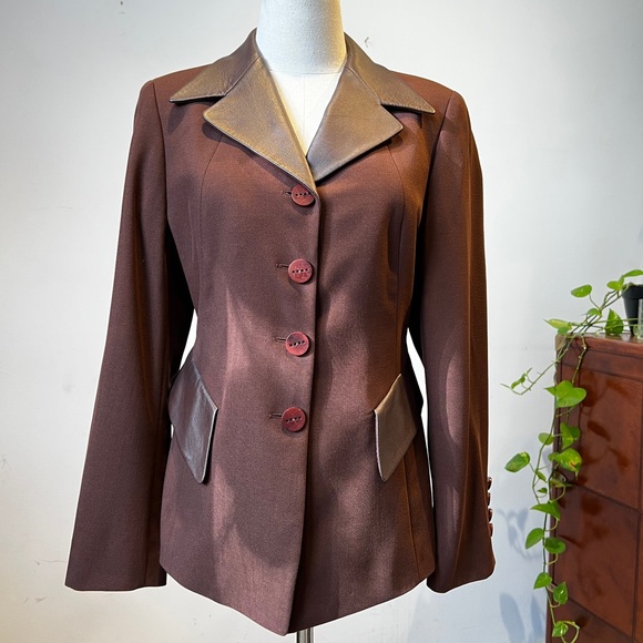 ESCADA Elements/Vintage women's blazer with Leather Trim and Wooden Buttons sz 6 - Picture 2 of 15